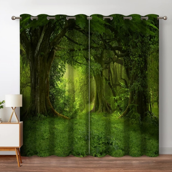 Forest Green Scenery Pair of Curtains Woods Mossy Trees Plants Botanical New